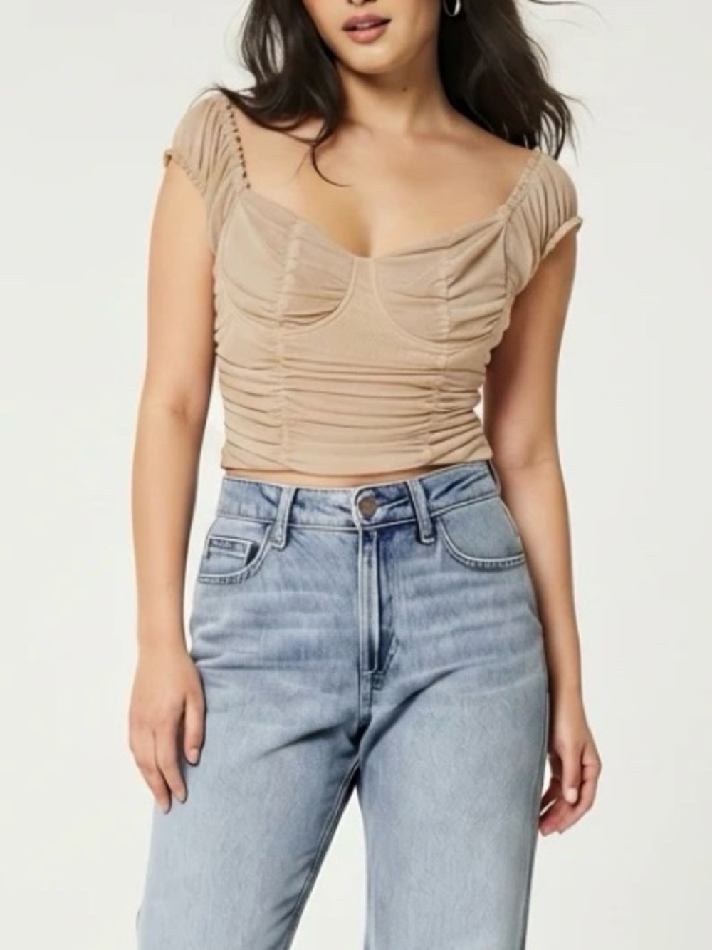 Just Polly Tan Ruched Sweetheart Neckline Top